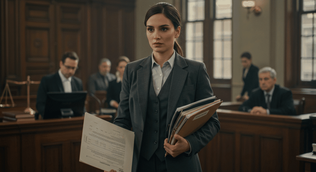 Female Lawyer in Business Suit Filing Legal Papers in Court