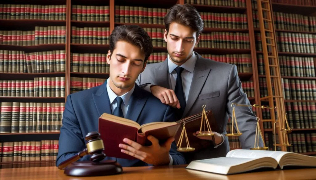 A Man and a Lawyer Reading Books in a Law Library